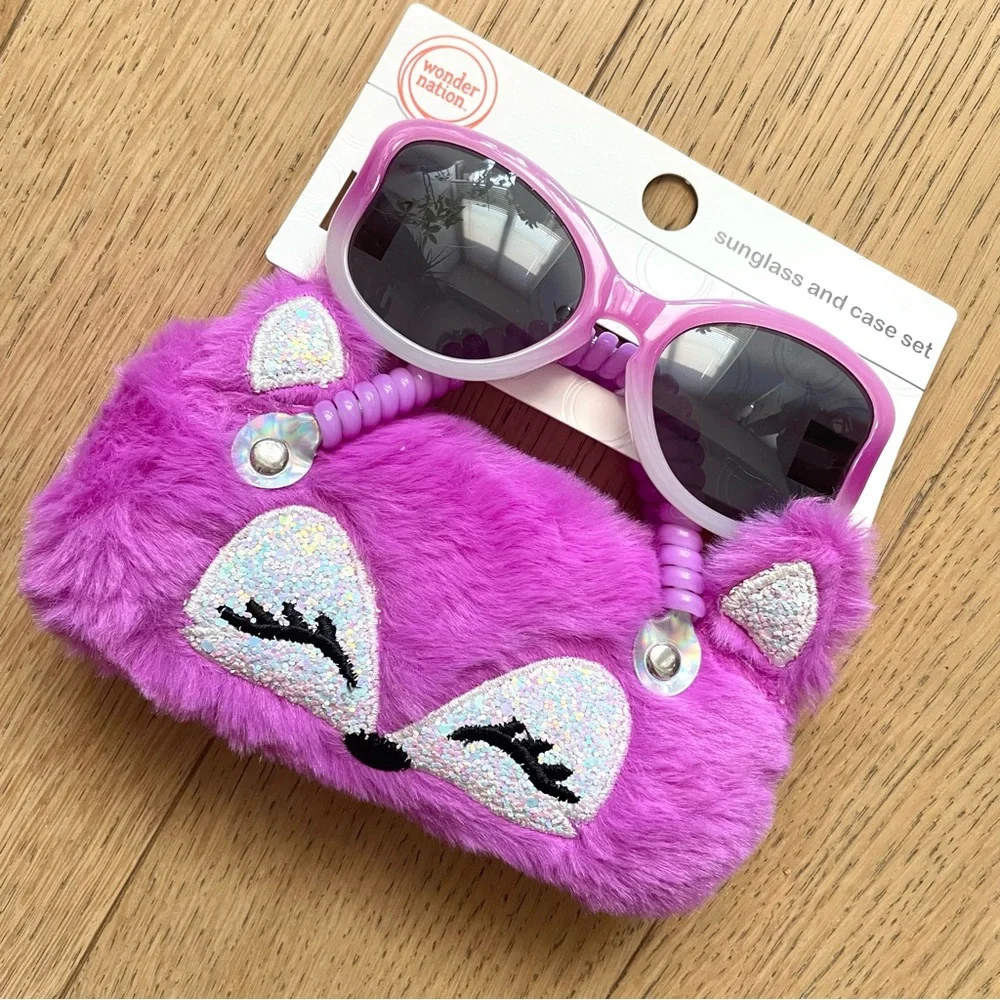 Girls Pink Sunglasses And Fuzzy Hot Pink Fox Case Set